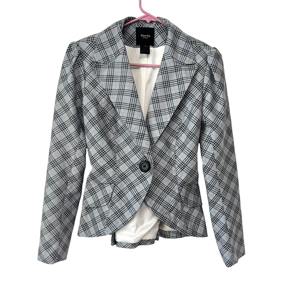 SMYTHE Duchess Plaid Blazer Blue Grey Leather Elbow Patches Size 4 - Picture 2 of 8